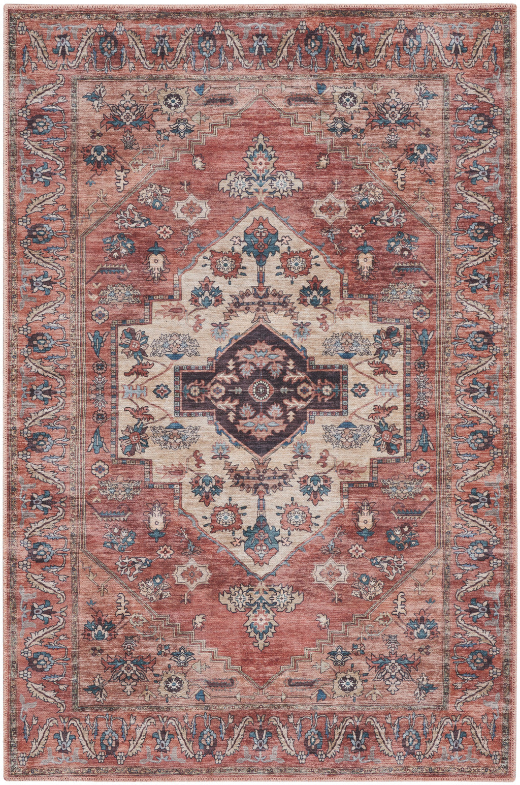 4' x 6' Blue and Red Oriental Power Loom Distressed Washable Non Skid Area Rug