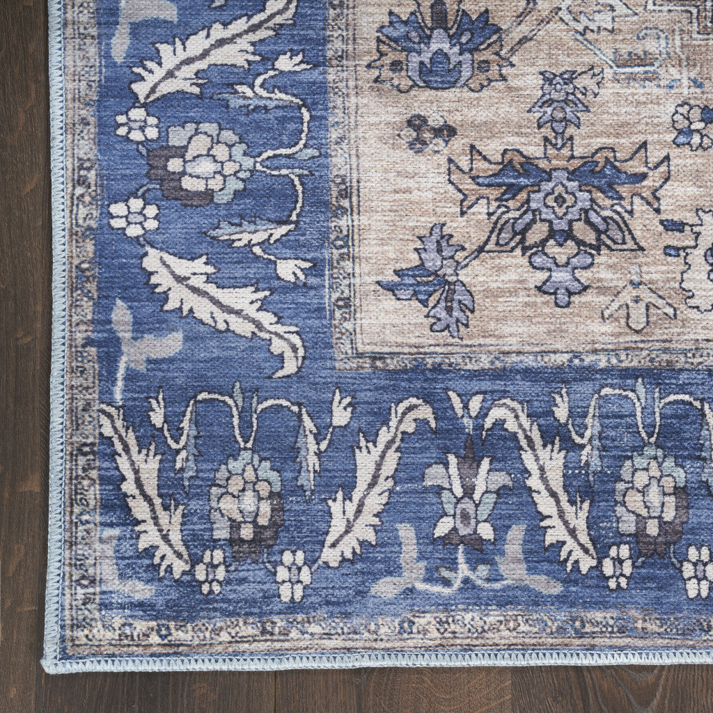 4' x 6' Blue and Beige Oriental Power Loom Distressed Washable Non Skid Area Rug