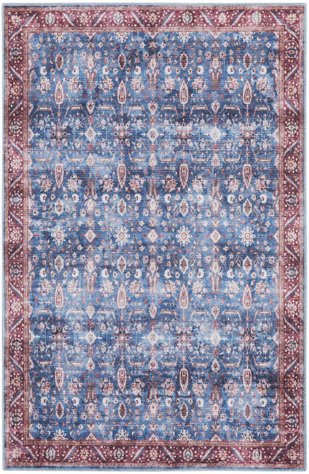 4' x 6' Blue and Red Oriental Power Loom Distressed Washable Non Skid Area Rug