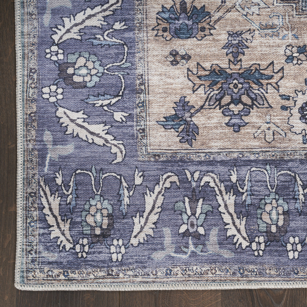 4' x 6' Blue and Beige Oriental Power Loom Distressed Washable Non Skid Area Rug