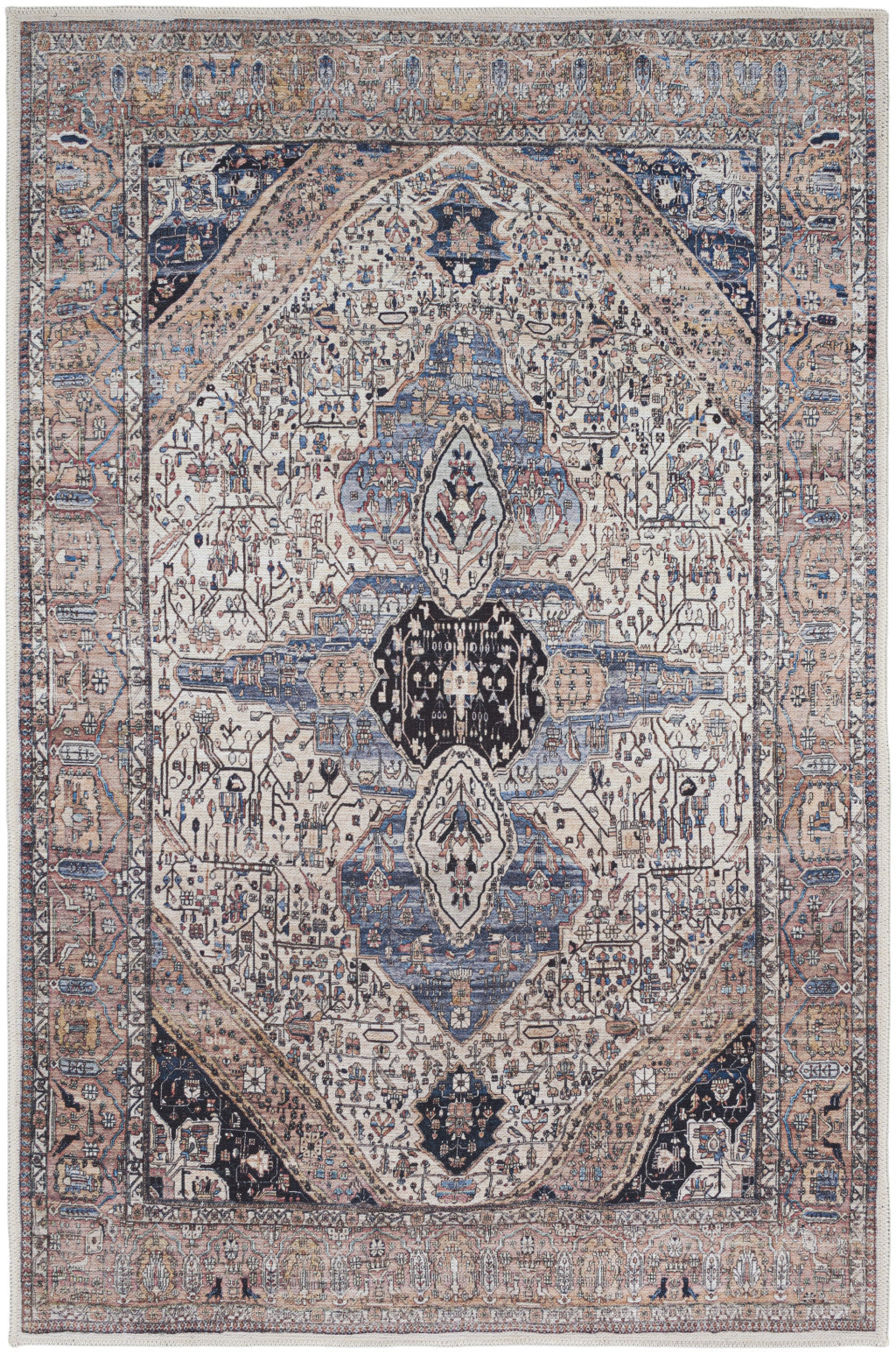 4' x 6' Ivory and Blue Oriental Power Loom Distressed Washable Non Skid Area Rug