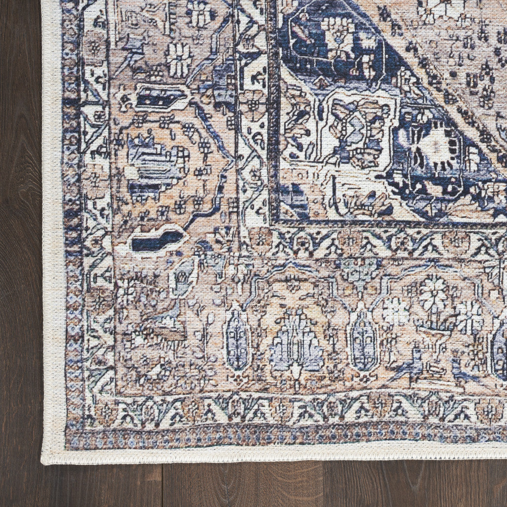 4' x 6' Ivory and Blue Oriental Power Loom Distressed Washable Non Skid Area Rug