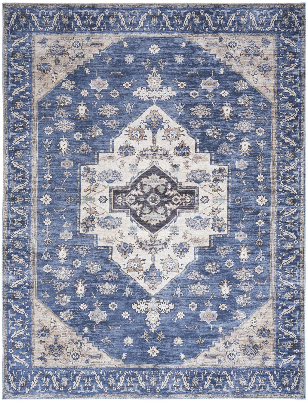 5' x 7' Blue and Beige Oriental Power Loom Distressed Washable Non Skid Area Rug