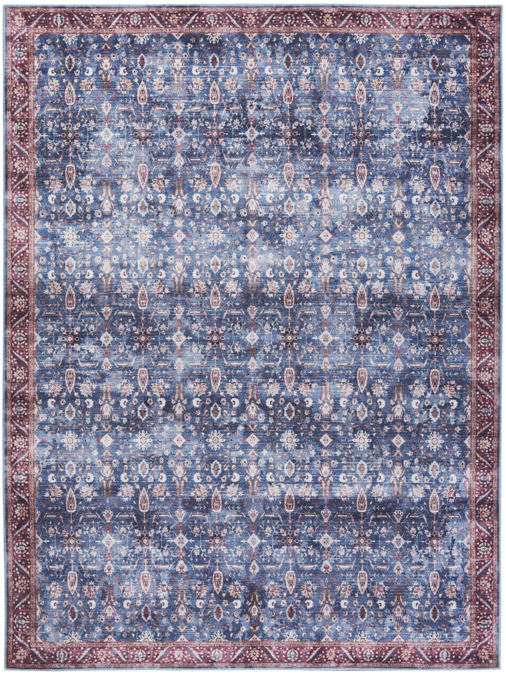 5' x 7' Blue and Red Oriental Power Loom Distressed Washable Non Skid Area Rug