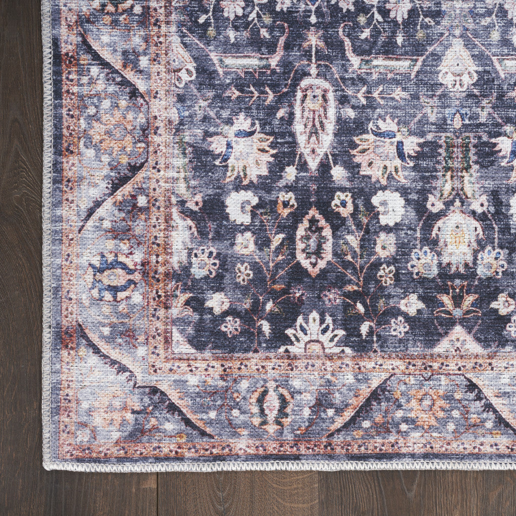 5' x 7' Blue and Ivory Oriental Power Loom Distressed Washable Non Skid Area Rug