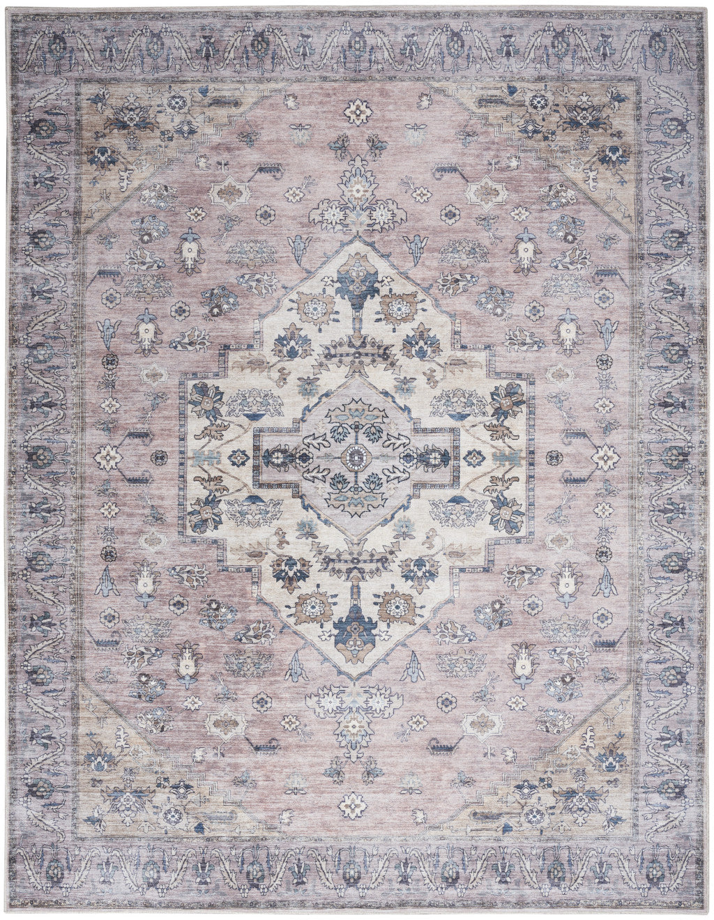 5' x 7' Pink and Blue Oriental Power Loom Distressed Washable Non Skid Area Rug