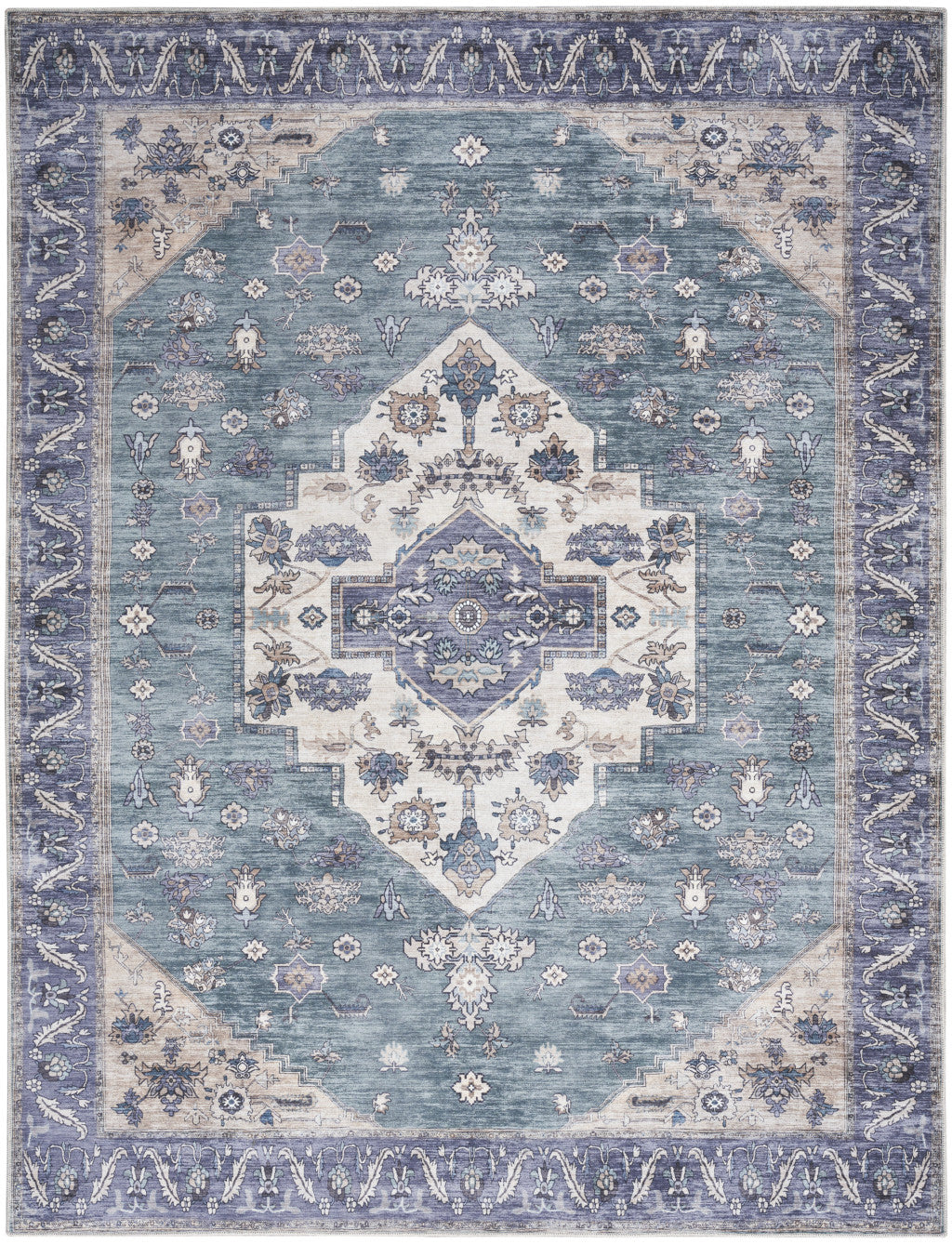 9' x 12' Blue and Green Oriental Power Loom Distressed Washable Non Skid Area Rug