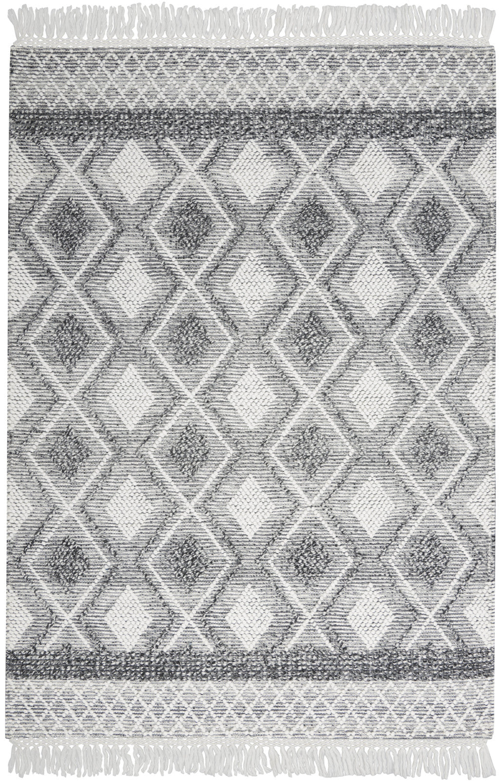 4' x 6' Gray and Ivory Geometric Hand Woven Area Rug With Fringe