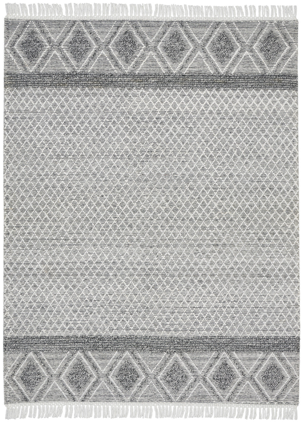 8' x 11' Gray and Ivory Geometric Hand Woven Area Rug With Fringe