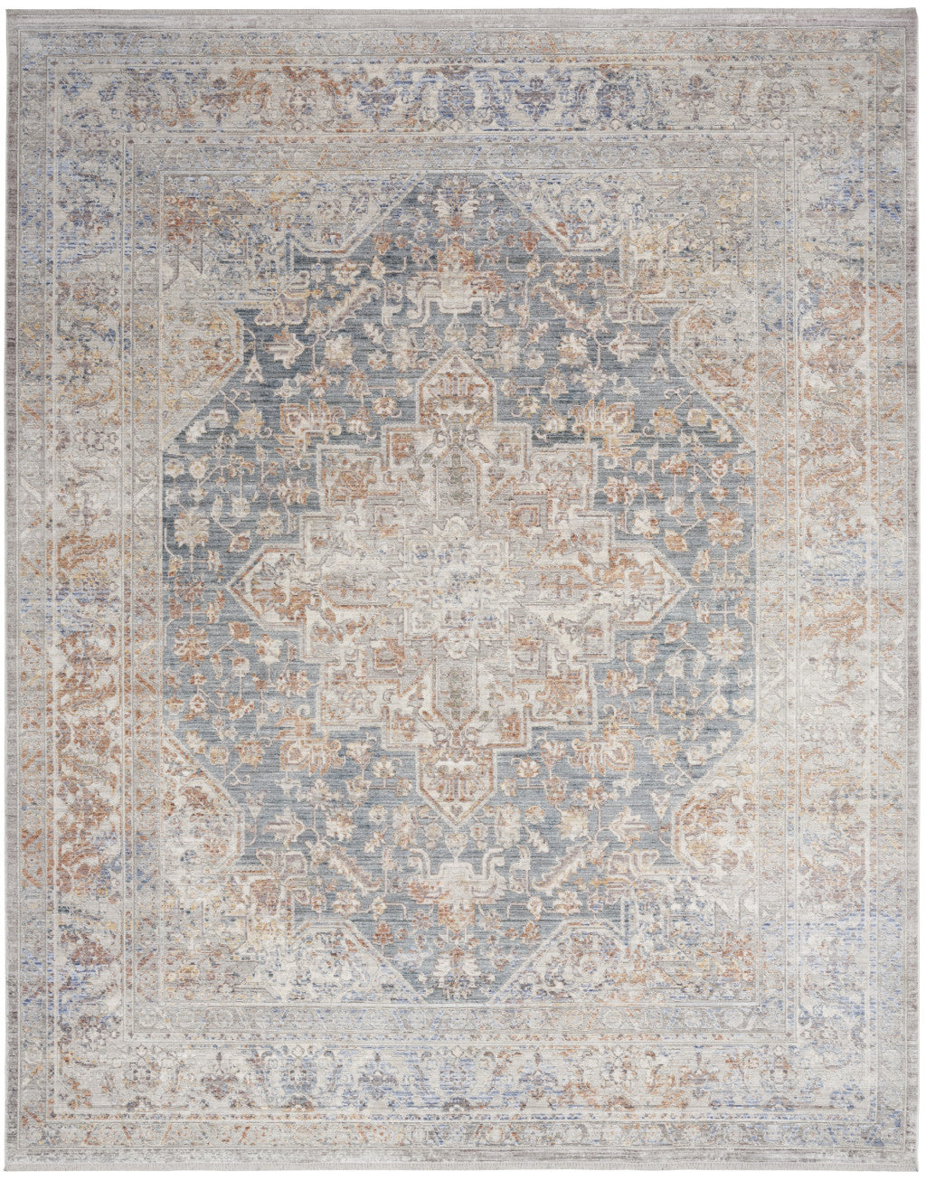 5' x 8' Ivory and Blue Oriental Power Loom Distressed Area Rug With Fringe