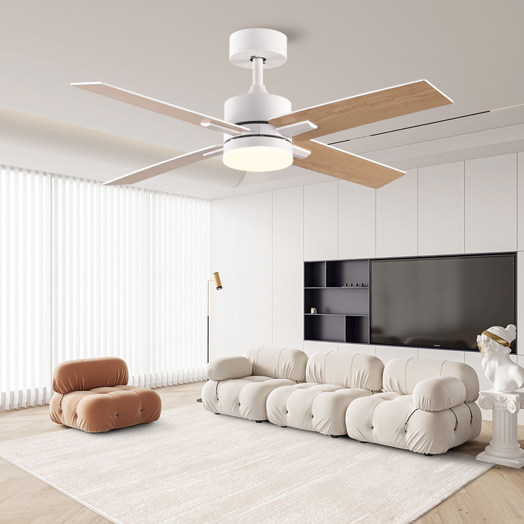 44" White And Brown and White Propeller Four Blade Dimmable Remote Control Integrated Light Ceiling Fan