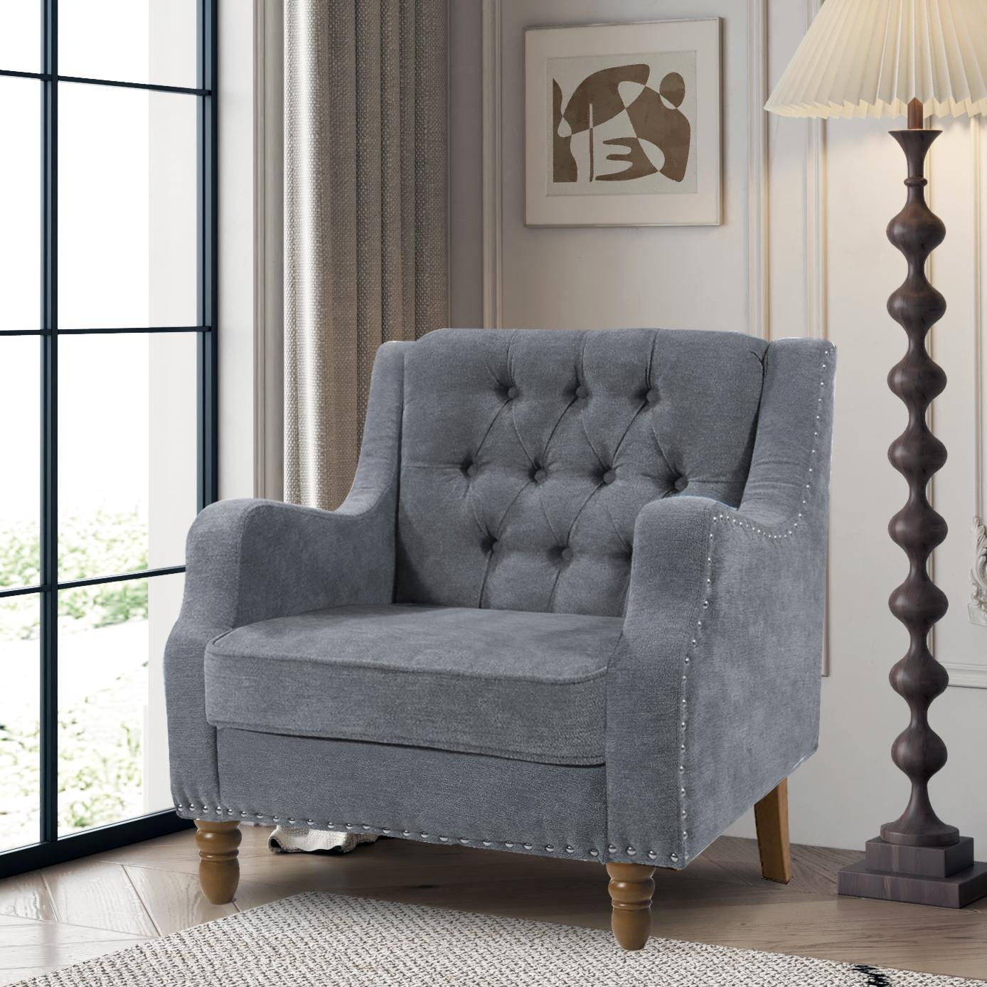 Footstool chair sets with vintage brass studs, button tufted upholstered armchairs, and comfortable reading chairs make a variety of environments