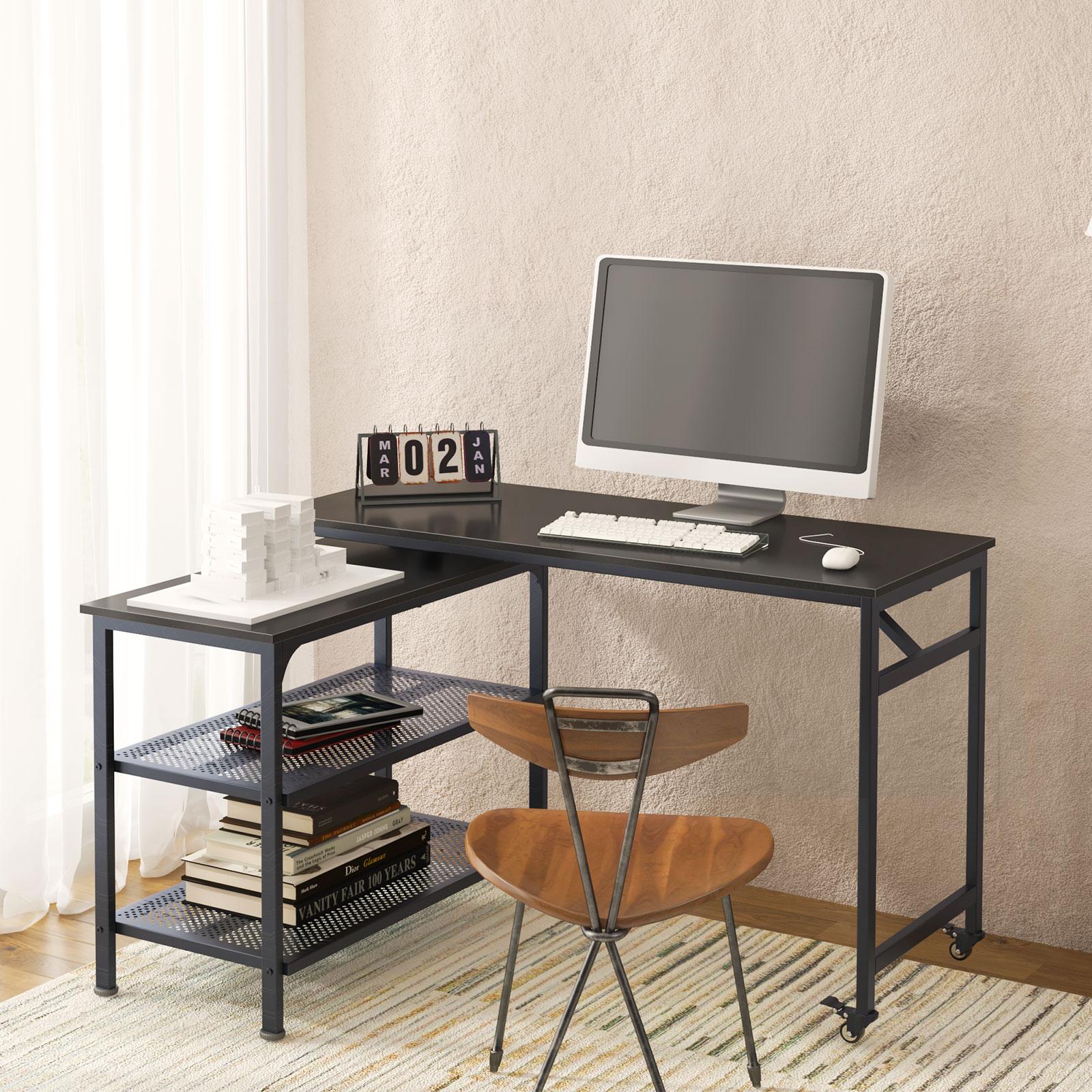47.2 inch Reversible L Shaped Desk, 360° Free Rotating Corner Computer Desk with Storage Shelves,Black