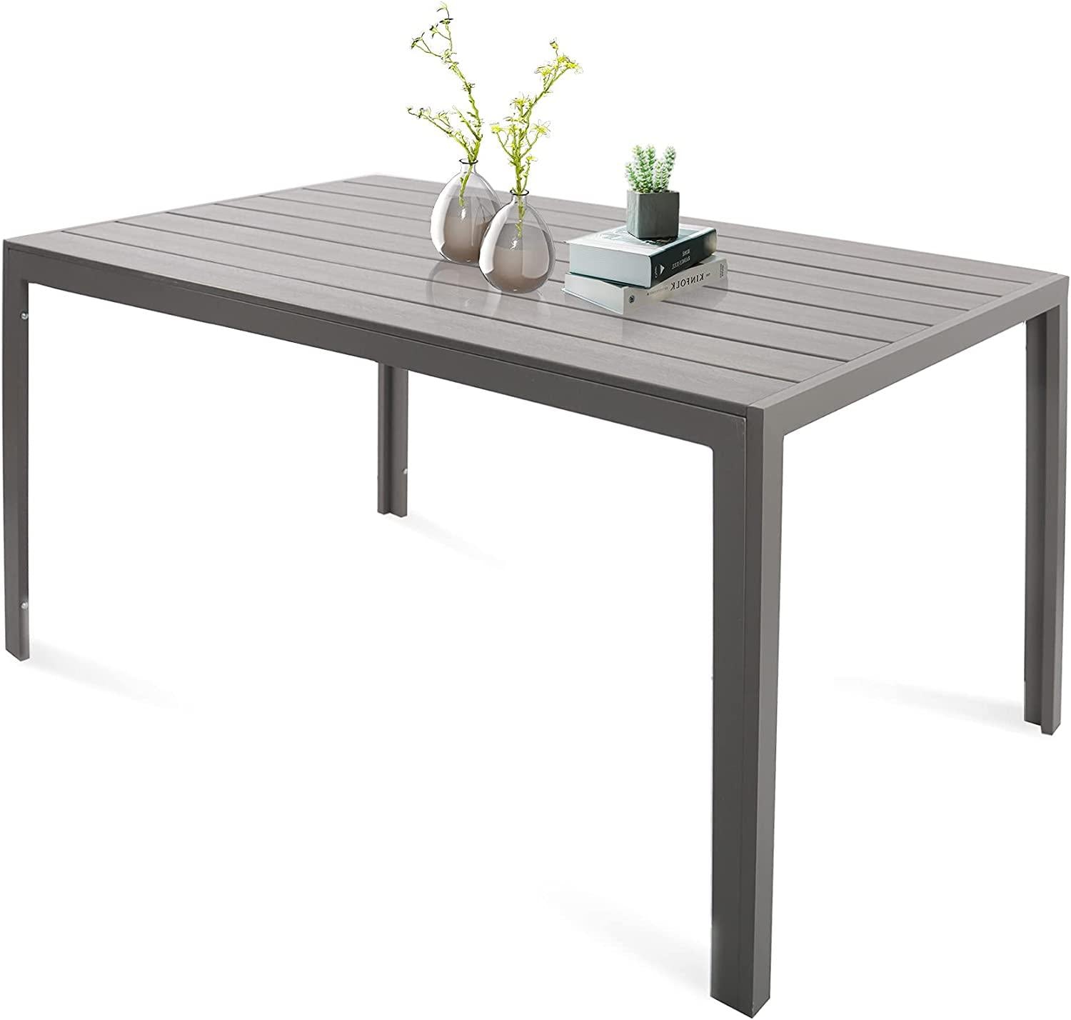Outdoor Patio 55" Rectangular Dining Table for 6 Metal Aluminum Frame with Grey Wood Look