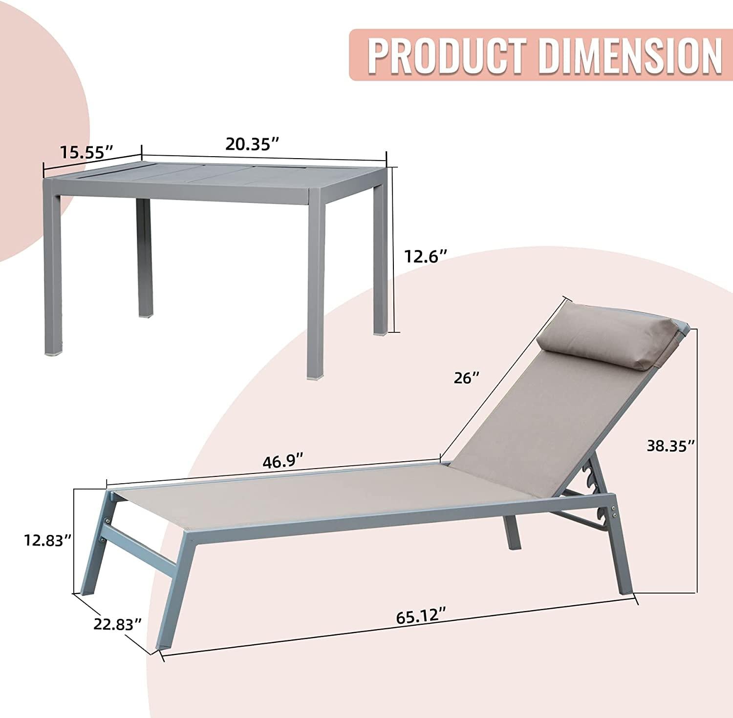 Domi Patio 3 Pieces Aluminum Textilene Chaise Lounge Set with Side Table Outdoor,Adjustable Back