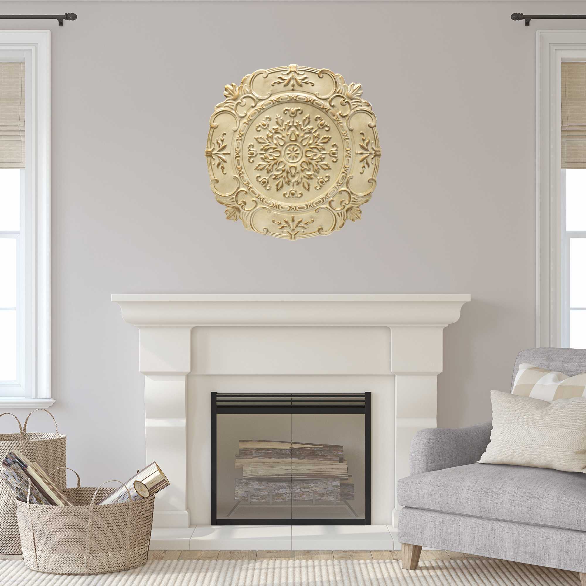 Distressed White European Medallion Metal Wall Decor