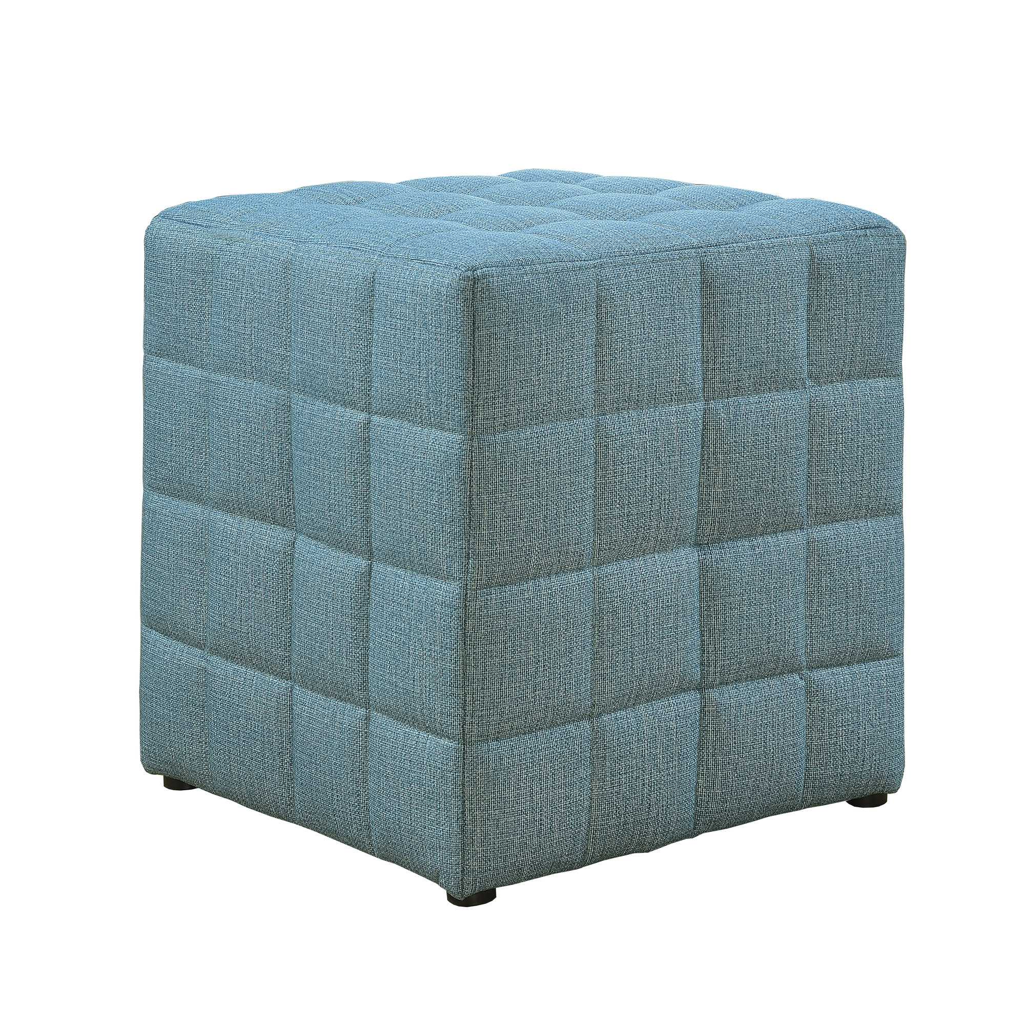 17" Light Blue Linen And Black Tufted Checkered Cube Ottoman