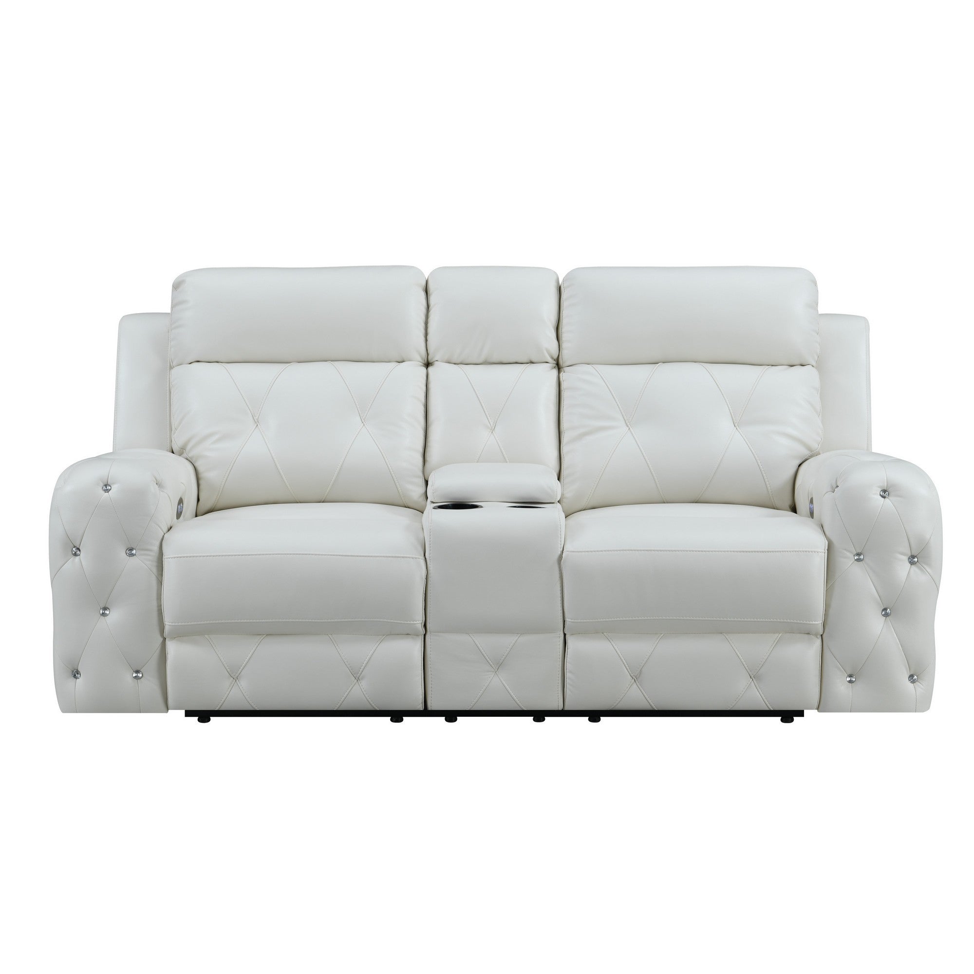 White Leather Gel Cover Power Console Reclining Loveseat In Plushily Padded Seats  Jewel Embellished Tufted Design  Along With Recessed Arm