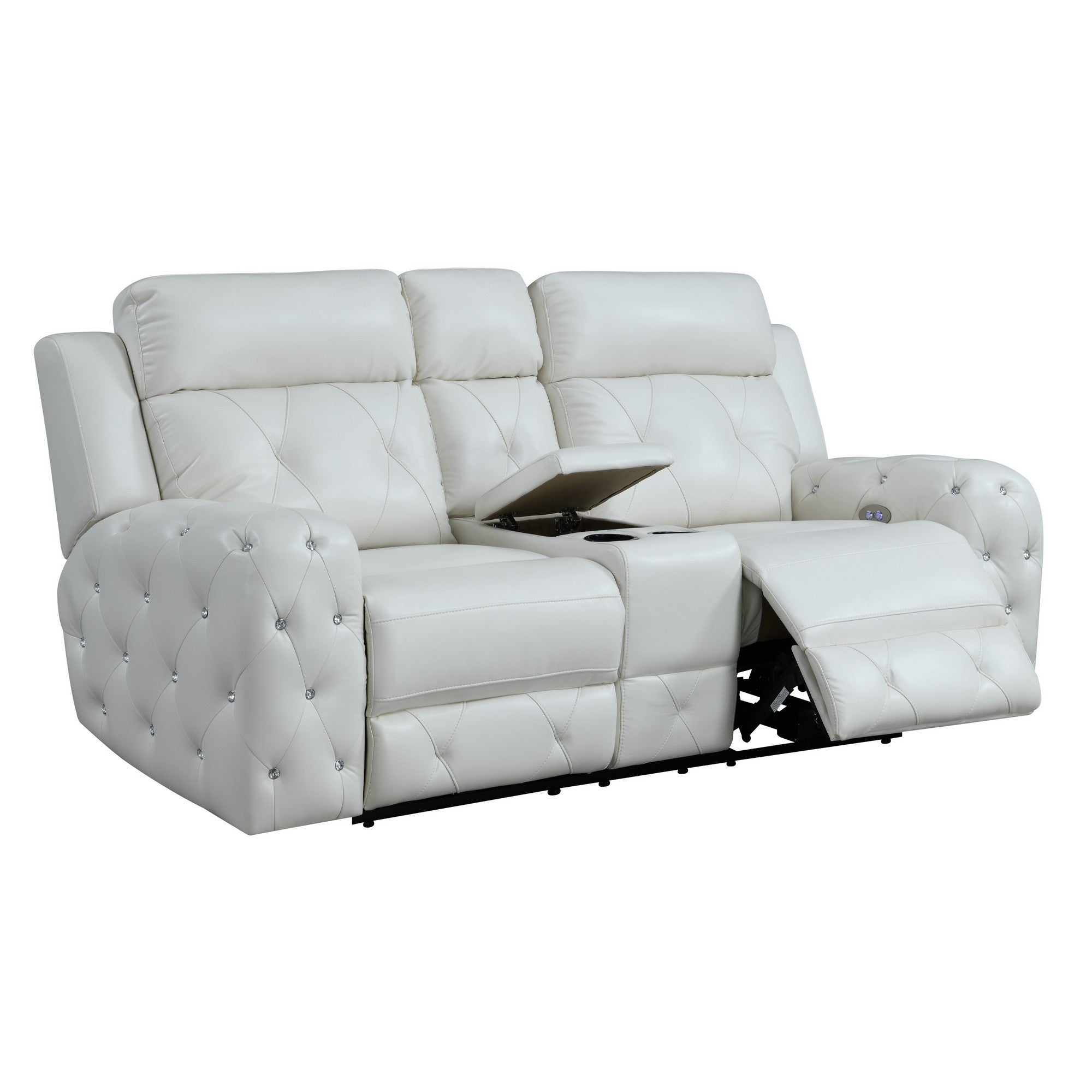 White Leather Gel Cover Power Console Reclining Loveseat In Plushily Padded Seats  Jewel Embellished Tufted Design  Along With Recessed Arm