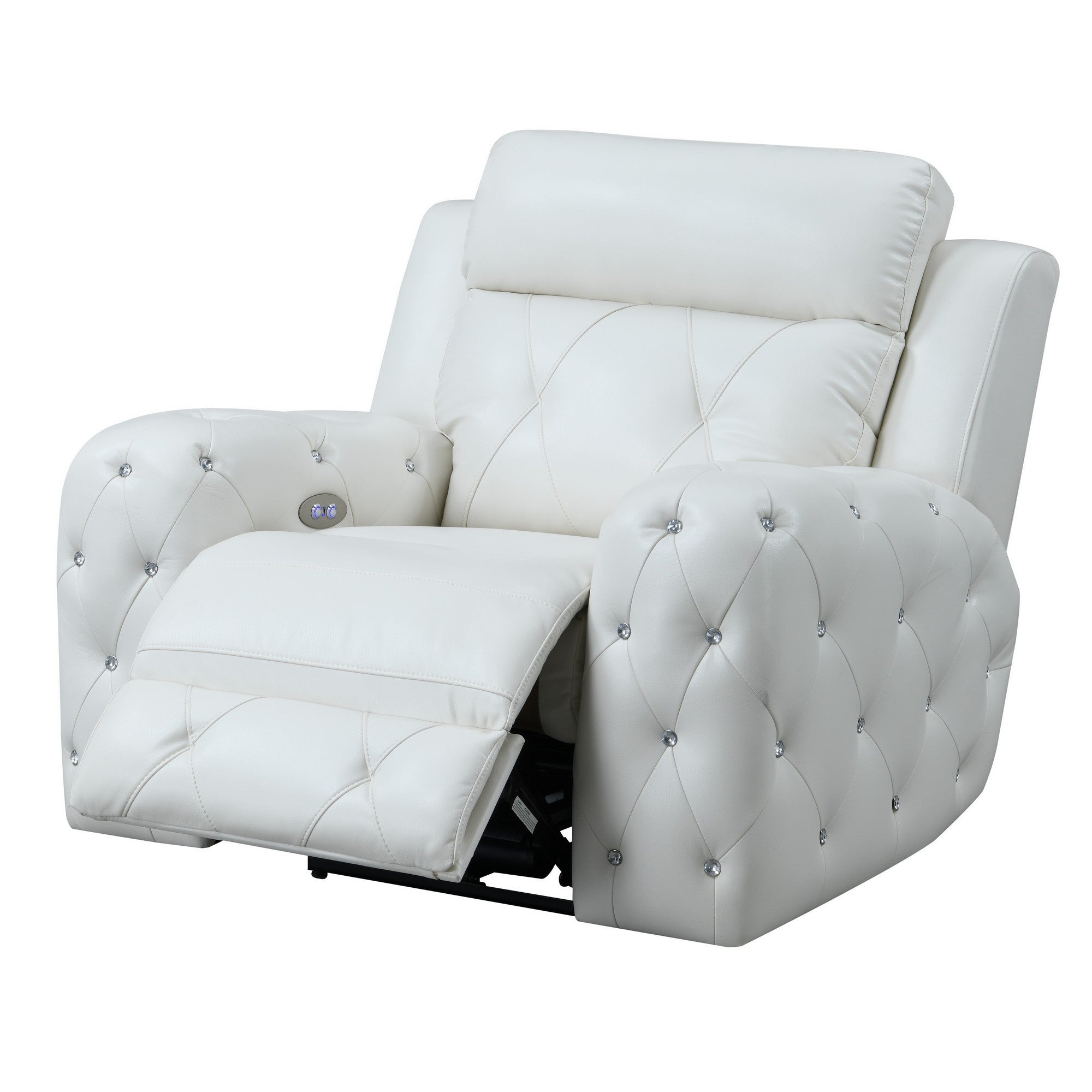 White Leather Gel Cover Power Recliner In Plushily Padded Seats  Jewel Embellished Tufted Design  Along With Recessed Arm