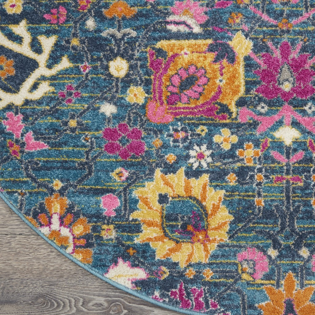 4' X 6' Blue And Orange Floral Power Loom Area Rug