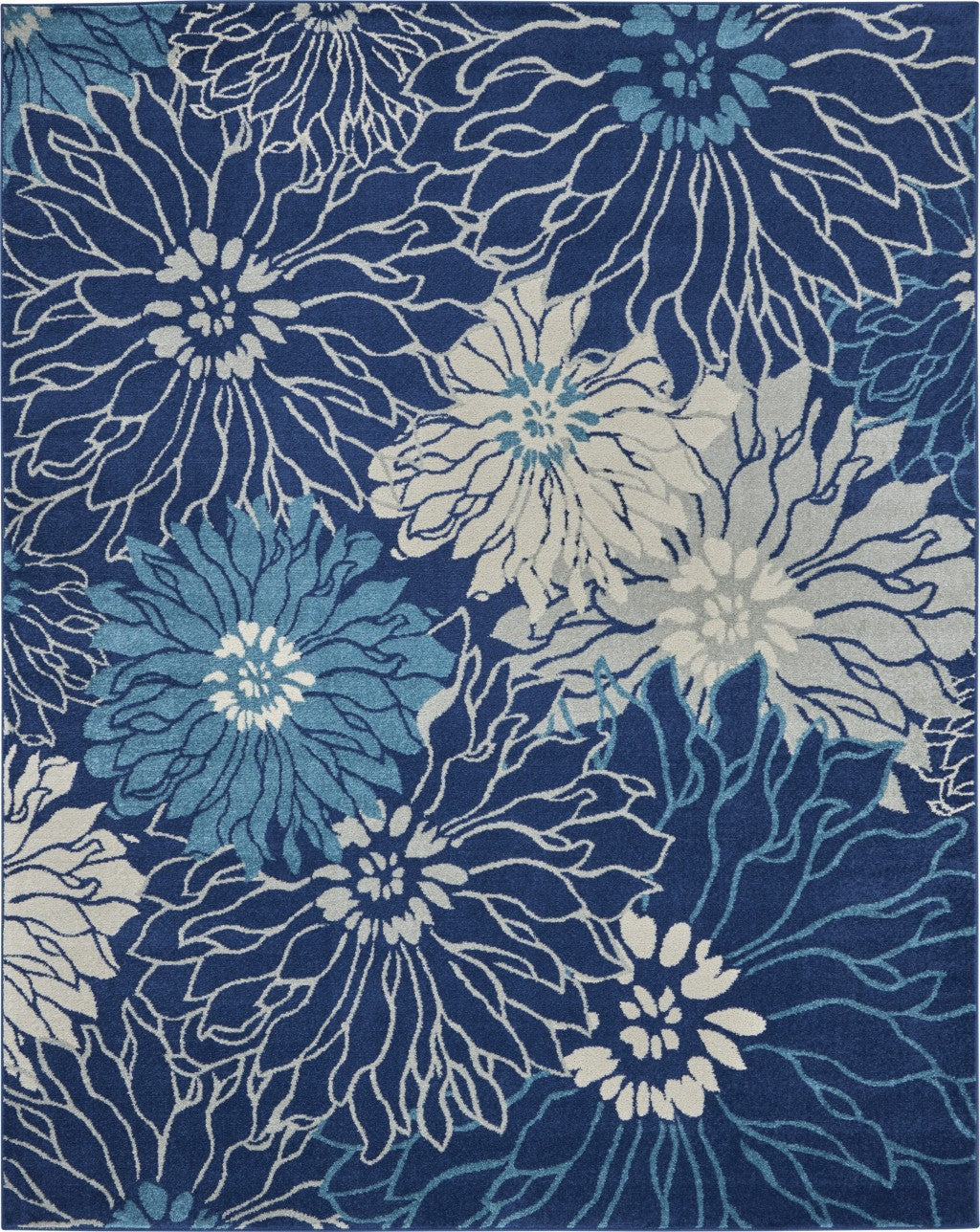 8' Blue And Ivory Floral Power Loom Runner Rug