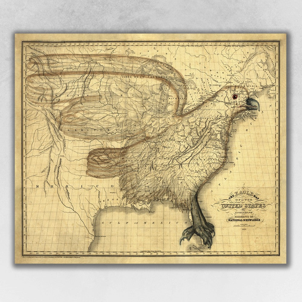 24" X 30" Eagle Map Of America C1833 Vintage  Poster Wall Art