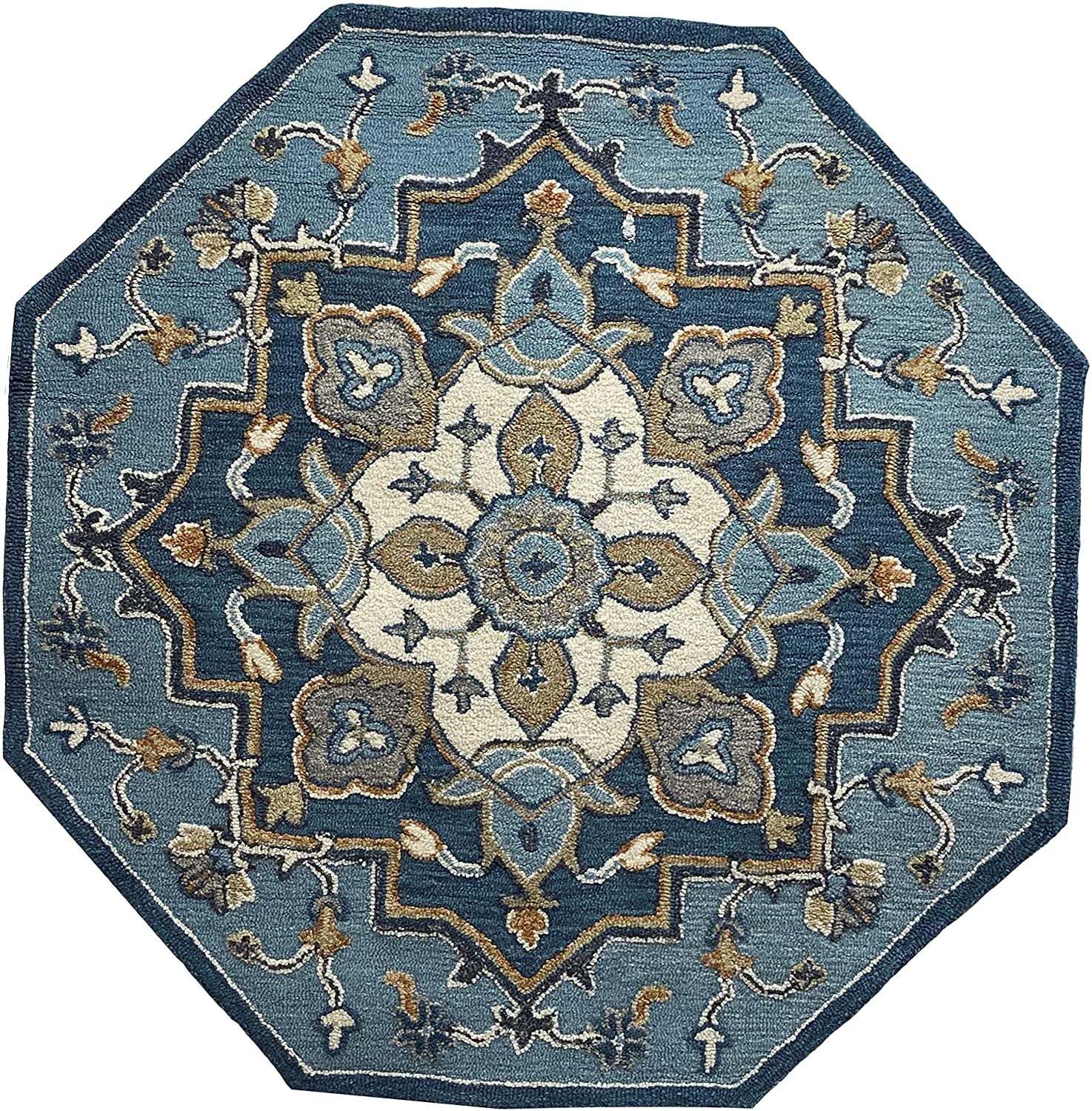 5' Blue And Ivory Round Wool Hand Hooked Handmade Area Rug