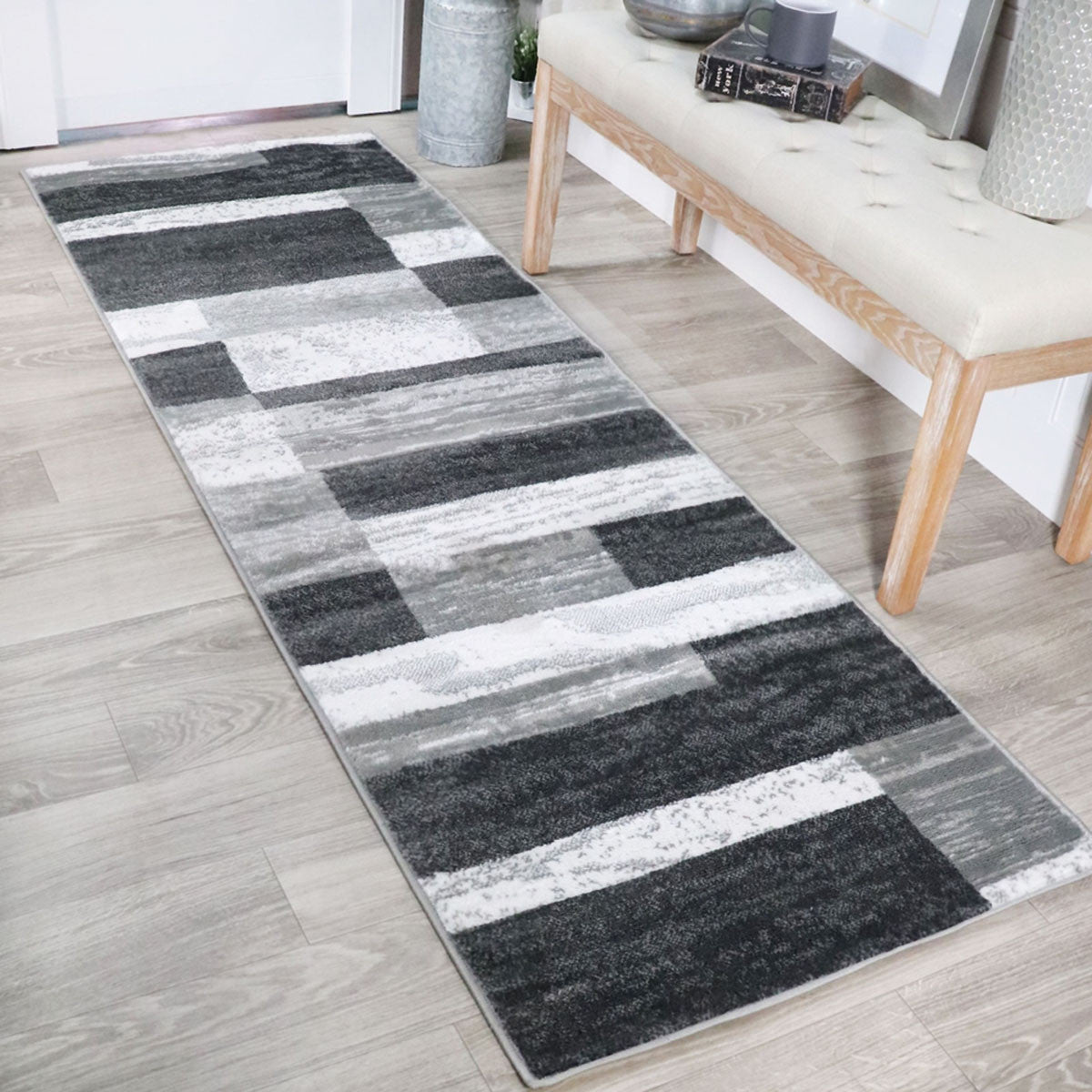 8' Charcoal Patchwork Power Loom Stain Resistant Runner Rug