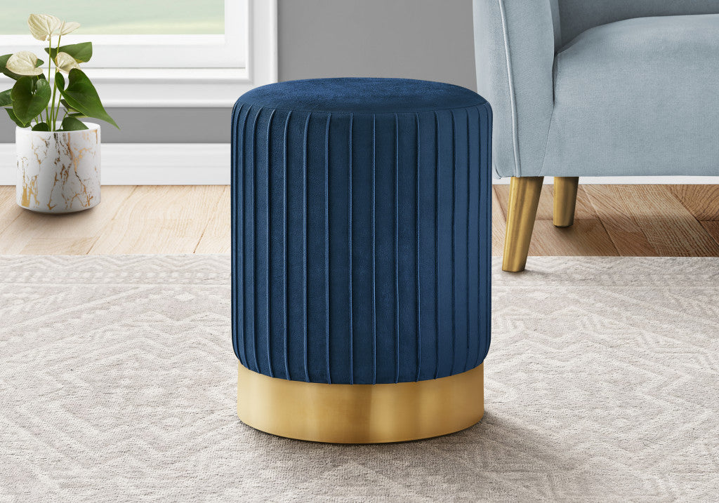 14" Blue Velvet And Gold Round Ottoman