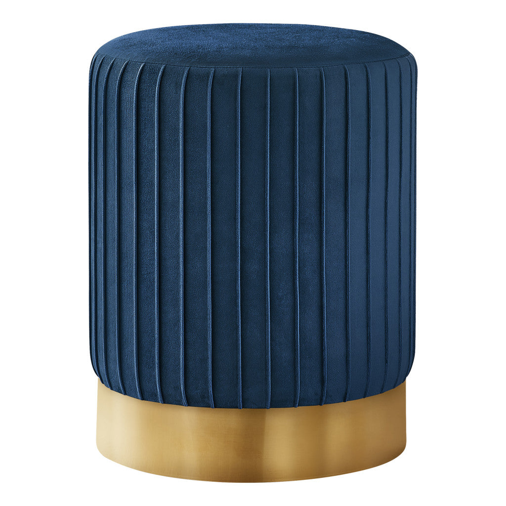 14" Blue Velvet And Gold Round Ottoman