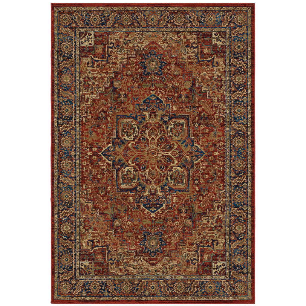 5' X 8' Red And Blue Oriental Power Loom Stain Resistant Area Rug