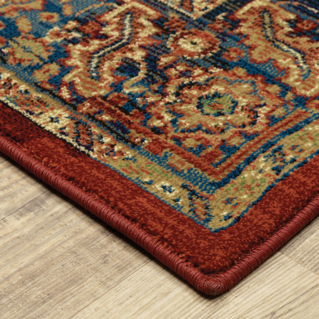 5' X 8' Red And Blue Oriental Power Loom Stain Resistant Area Rug