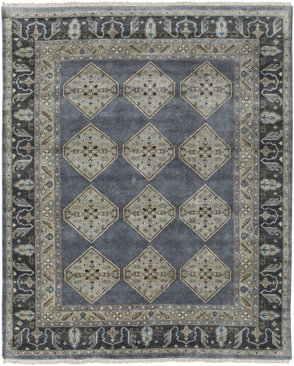 8' X 10' Blue Gray And Taupe Wool Floral Hand Knotted Stain Resistant Area Rug