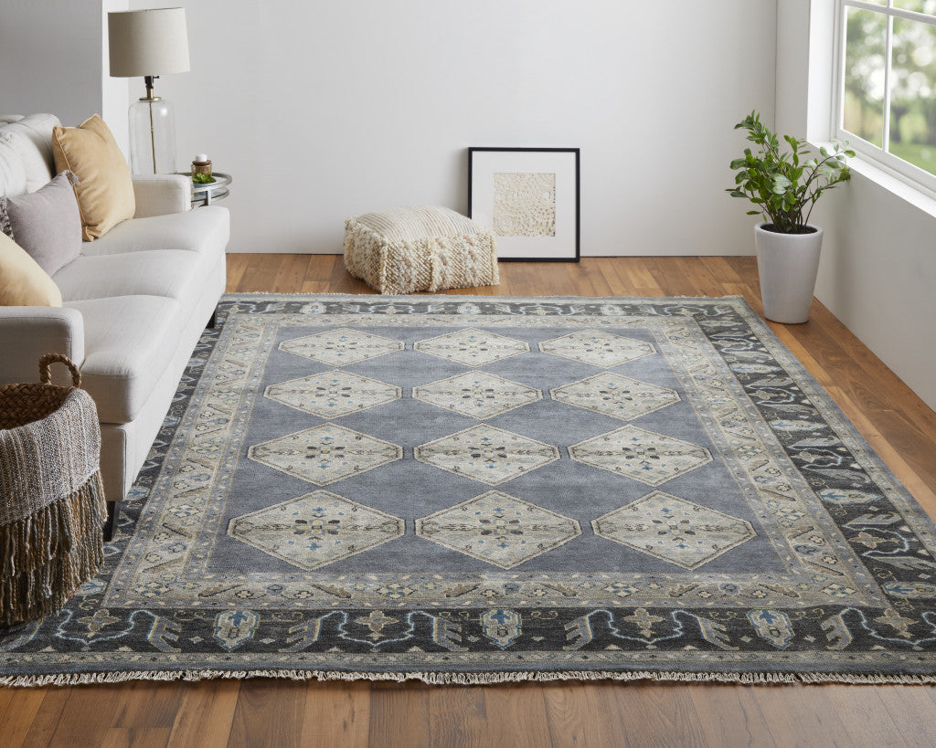 8' X 10' Blue Gray And Taupe Wool Floral Hand Knotted Stain Resistant Area Rug