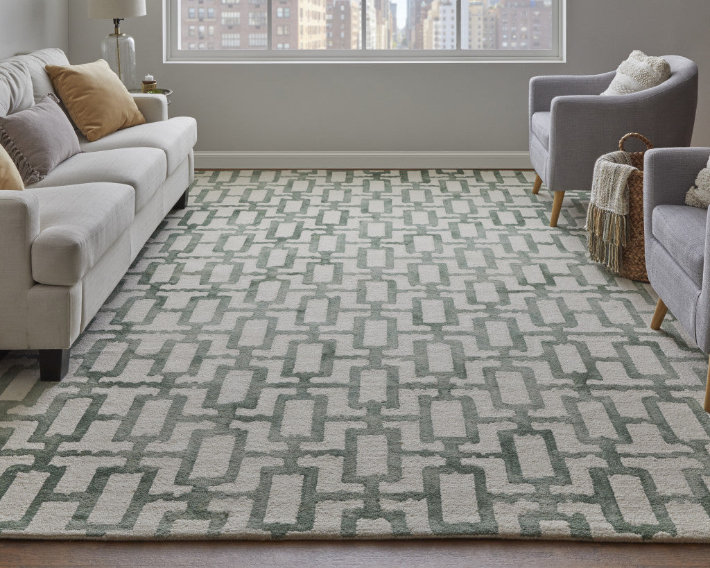 2' X 3' Ivory And Green Wool Geometric Tufted Handmade Area Rug