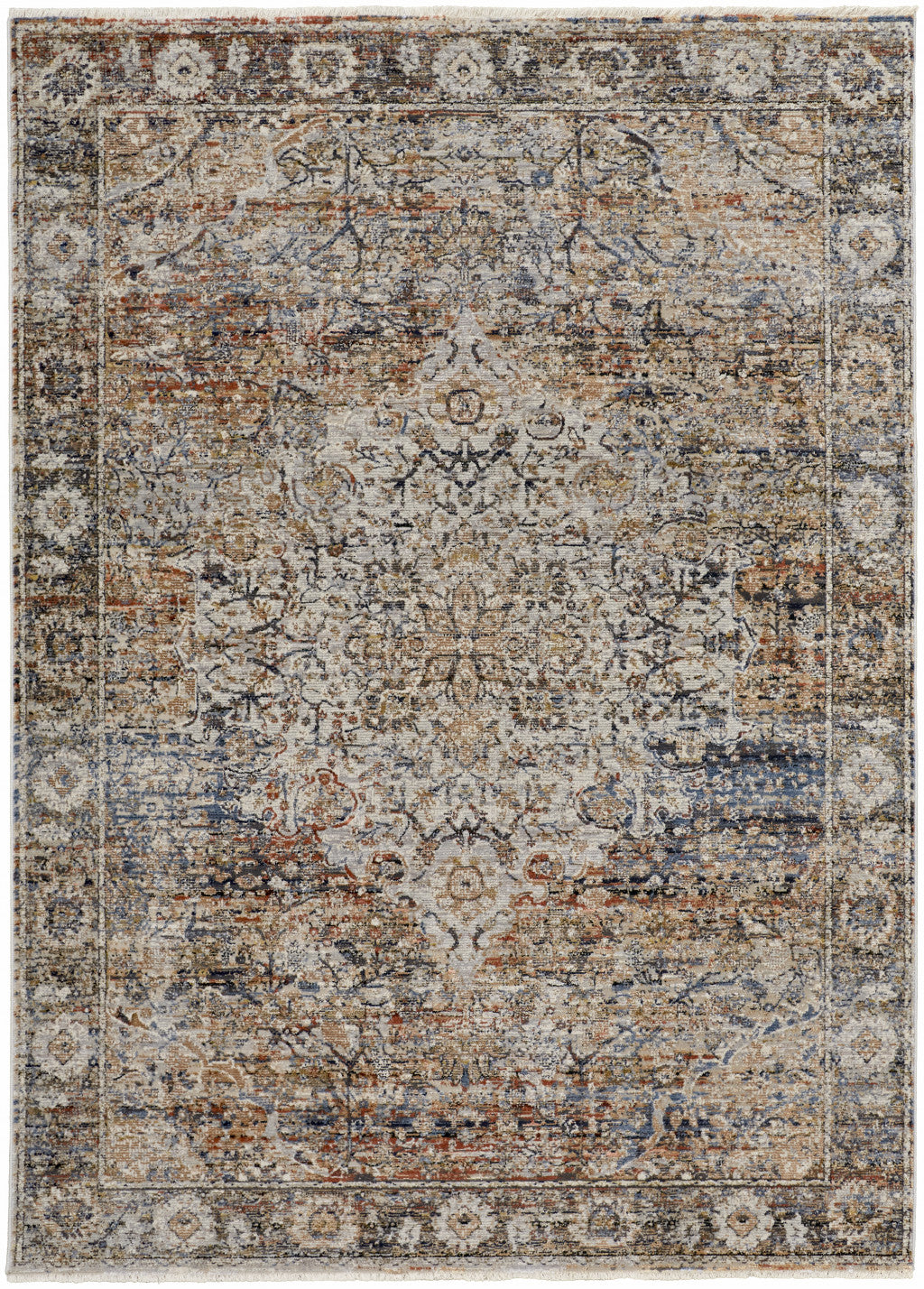 8' Tan Orange And Blue Floral Power Loom Distressed Runner Rug With Fringe