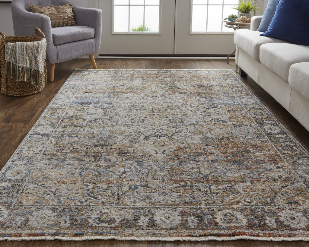 8' Tan Orange And Blue Floral Power Loom Distressed Runner Rug With Fringe