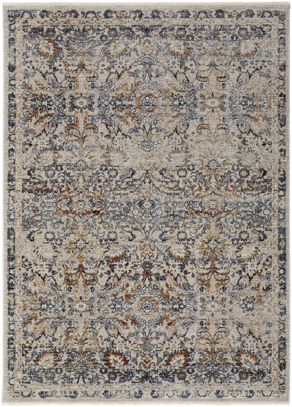 8' Tan Blue And Orange Floral Power Loom Distressed Runner Rug With Fringe