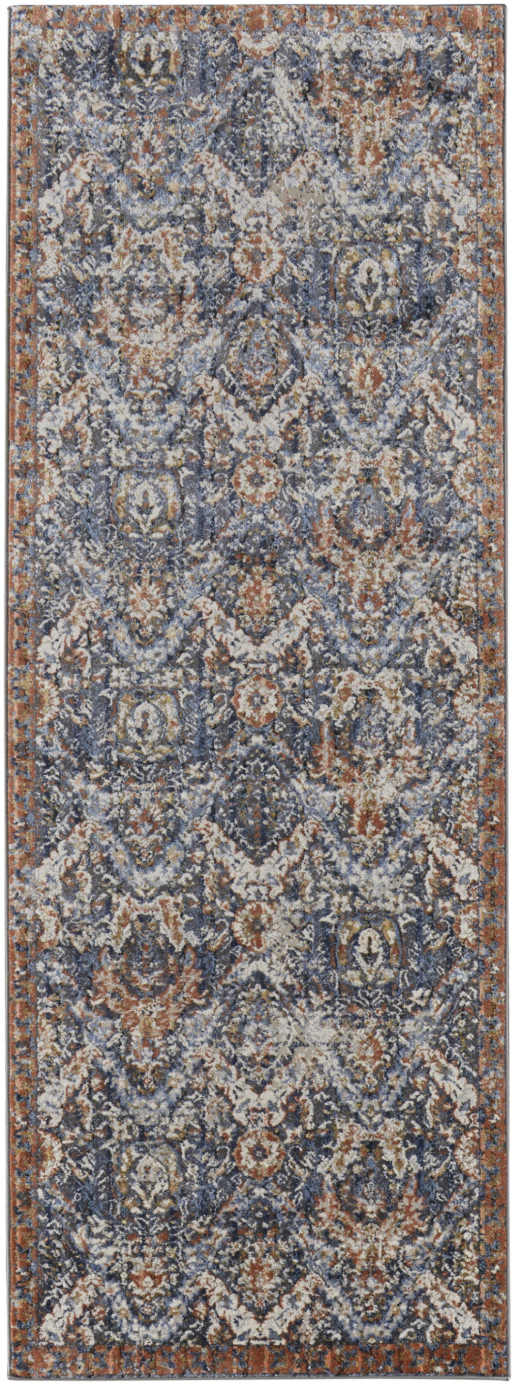 8' X 10' Blue Orange And Ivory Floral Power Loom Area Rug With Fringe