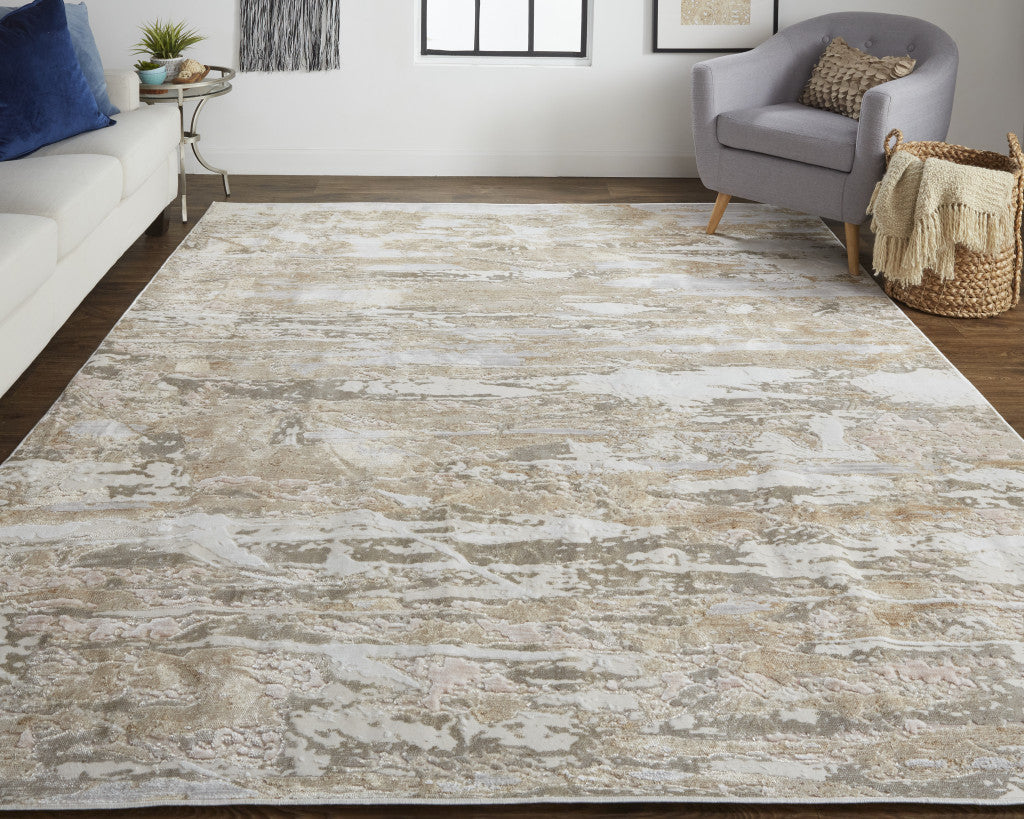 4' X 6' Tan Orange And Ivory Abstract Power Loom Distressed Area Rug