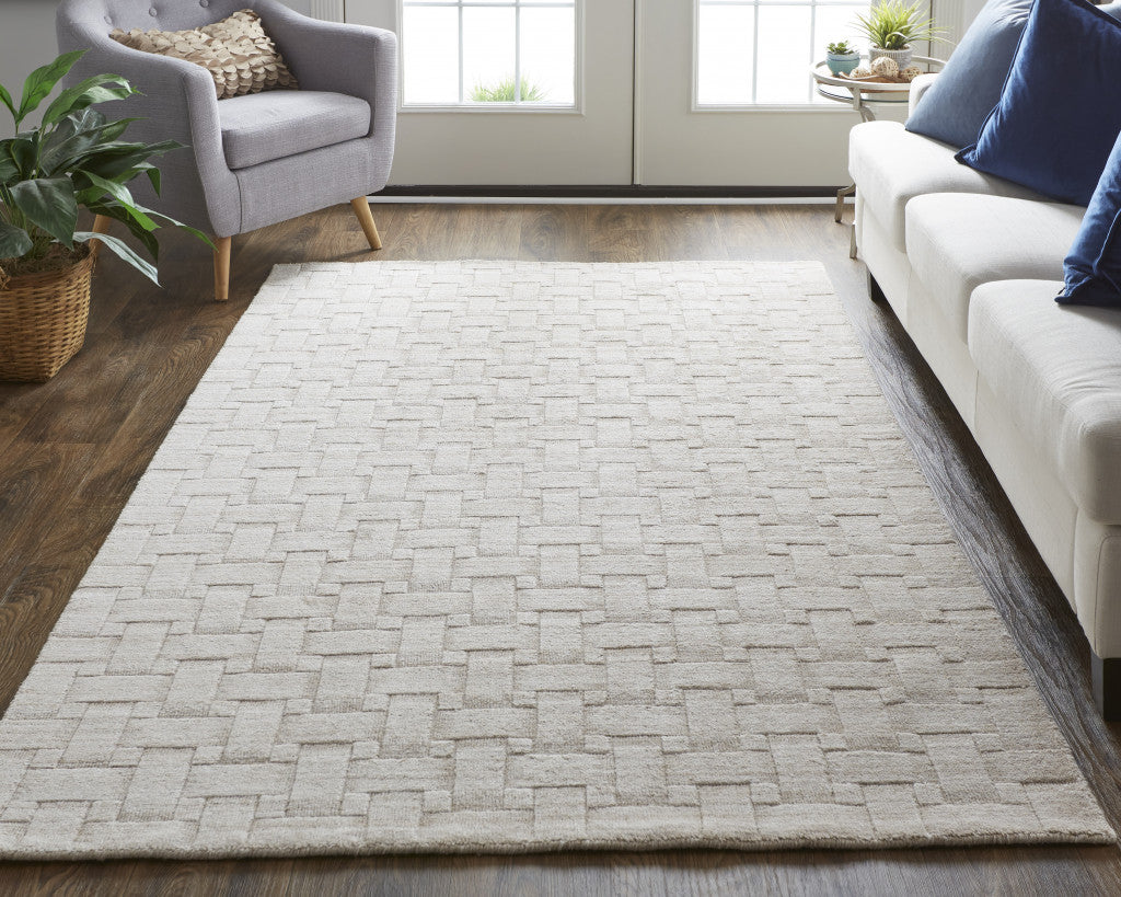 9' X 12' White And Silver Striped Hand Woven Area Rug