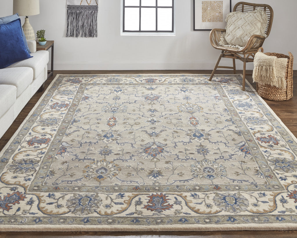 5' X 8' Taupe Ivory And Blue Wool Floral Tufted Handmade Stain Resistant Area Rug