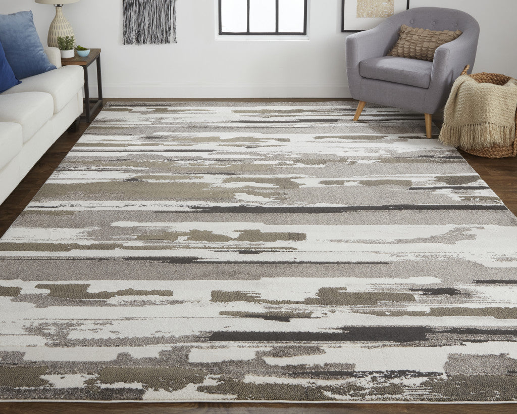 8' X 10' Brown And Ivory Abstract Power Loom Distressed Stain Resistant Area Rug