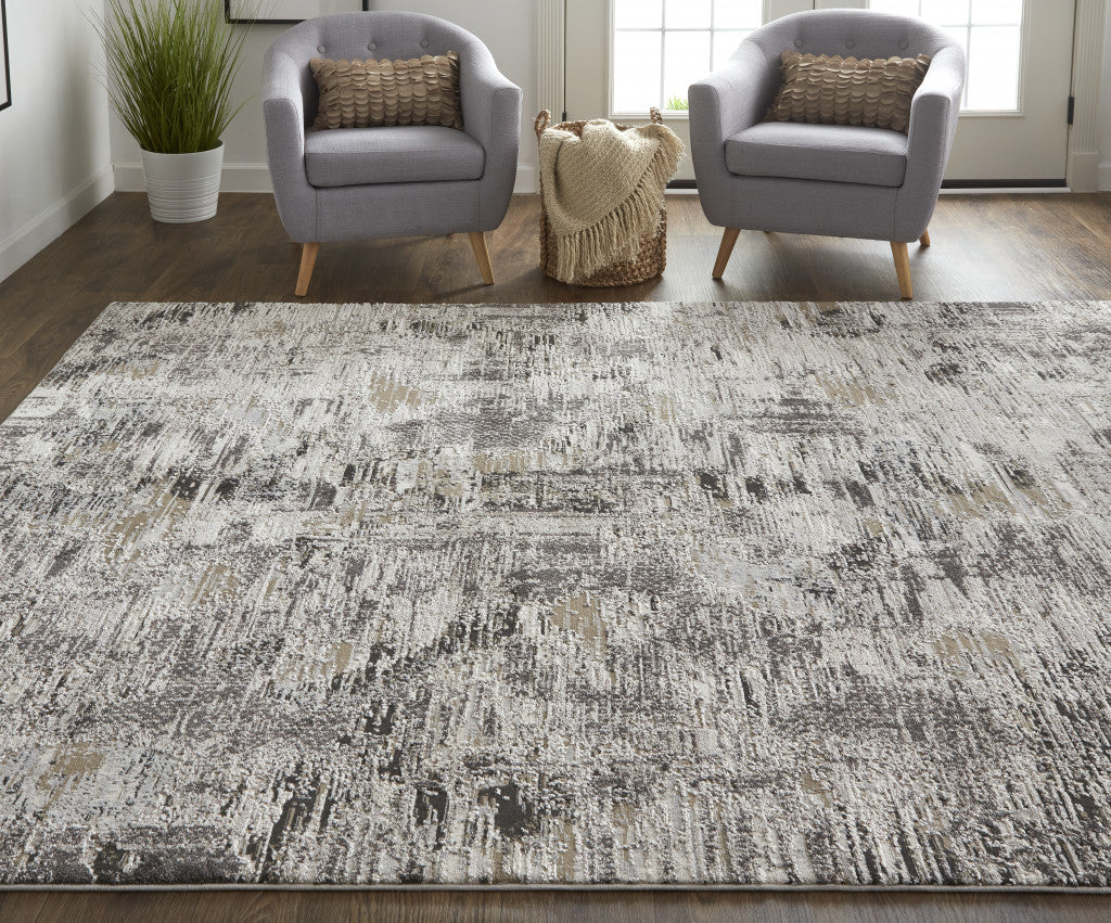 4' X 6' Ivory Gray And Tan Abstract Power Loom Distressed Stain Resistant Area Rug