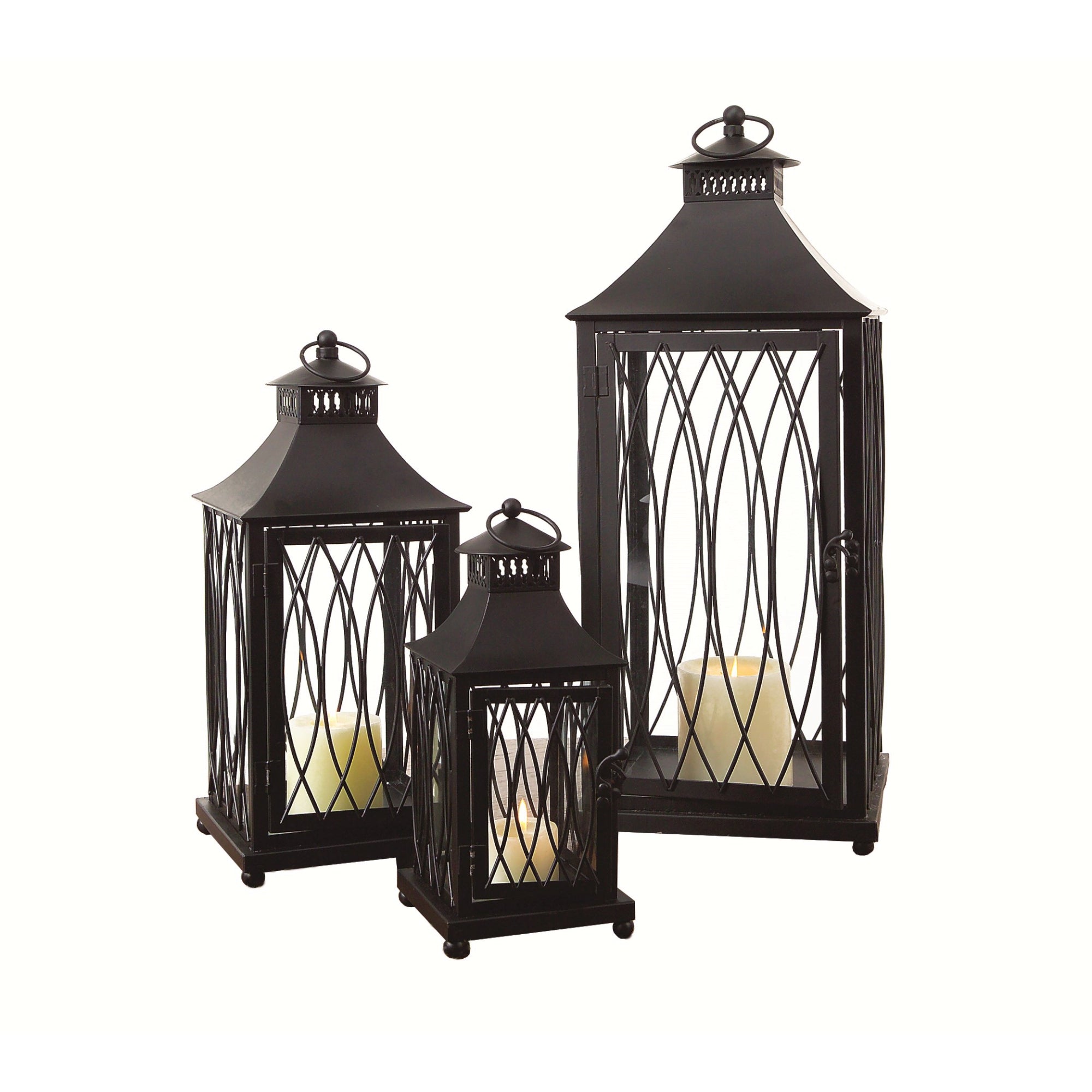 Set Of Three Black Flameless Floor Lantern Candle Holder