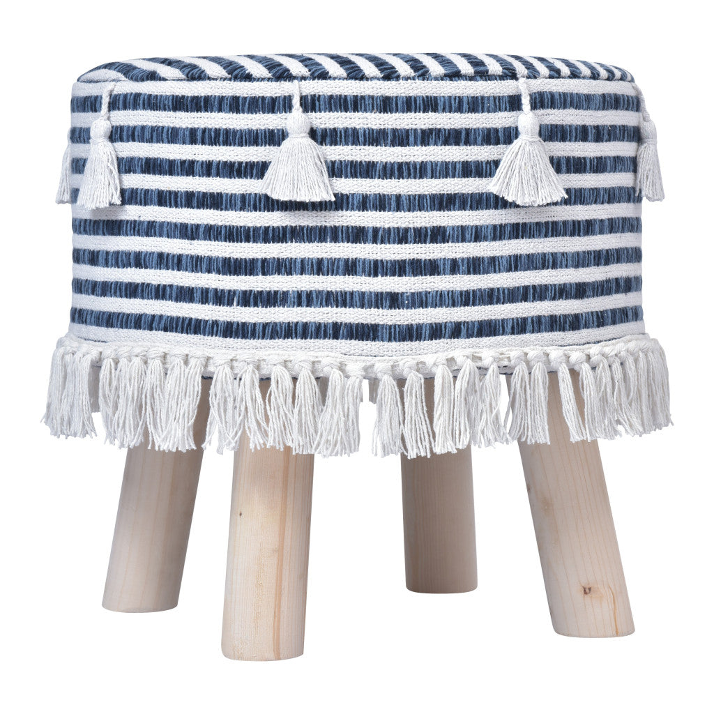 16" Blue And White Cotton And Natural Round Striped Ottoman