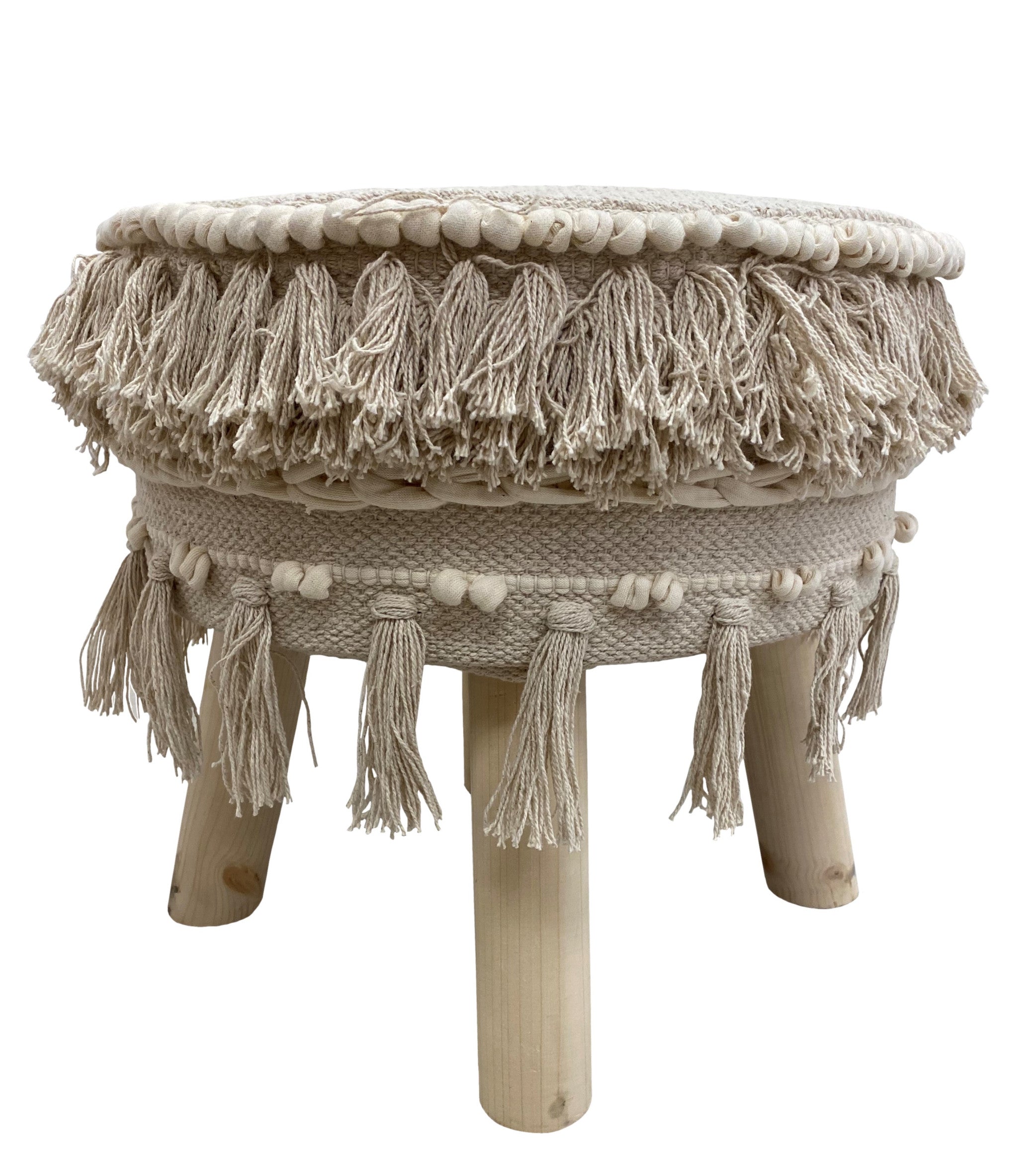 16" Beige Cotton And Natural Round Ottoman