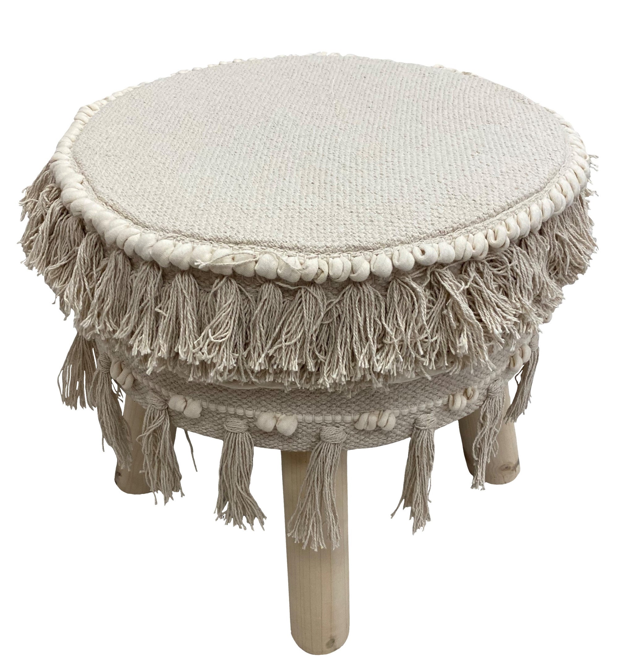 16" Beige Cotton And Natural Round Ottoman