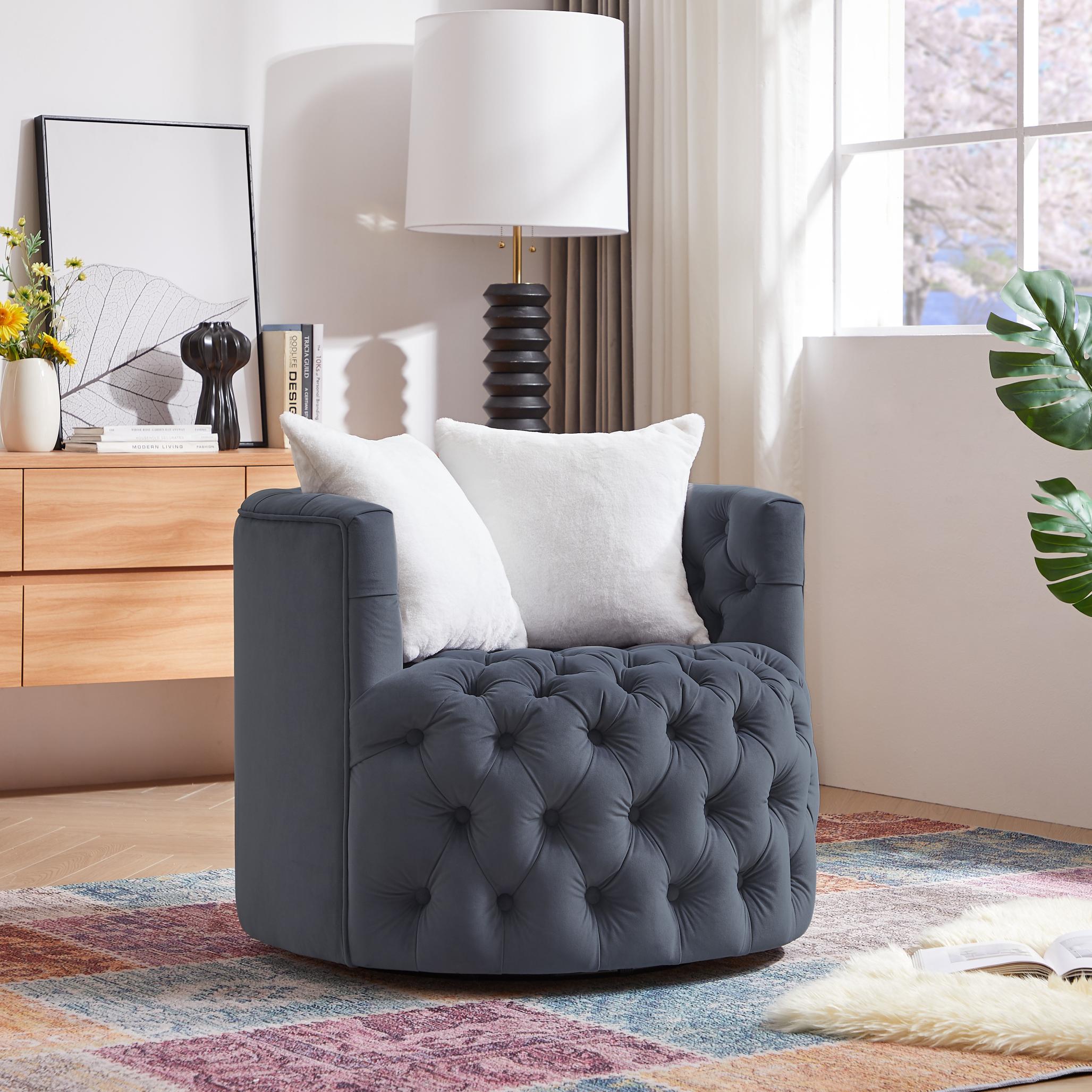 Modern Swivel Barrel Chair with 360° Swivel Base and 2 Pillows, Velvet Fabric Shell Chair Back, Suitable for All Environments